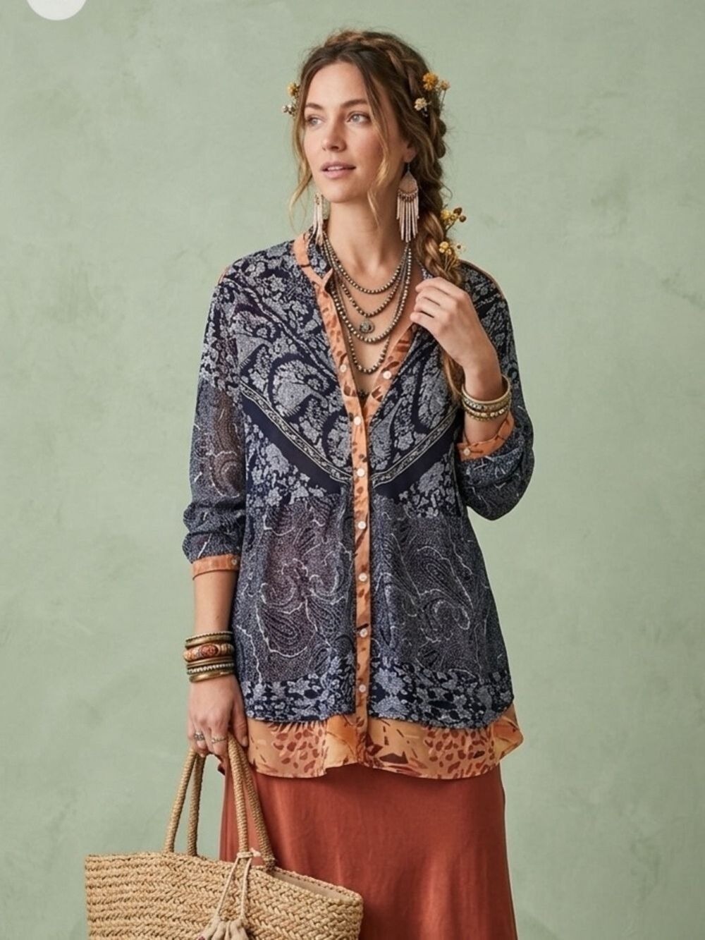 Amanda Blu Navy Orange Blouse XL Whimsygoth Paisley Floral